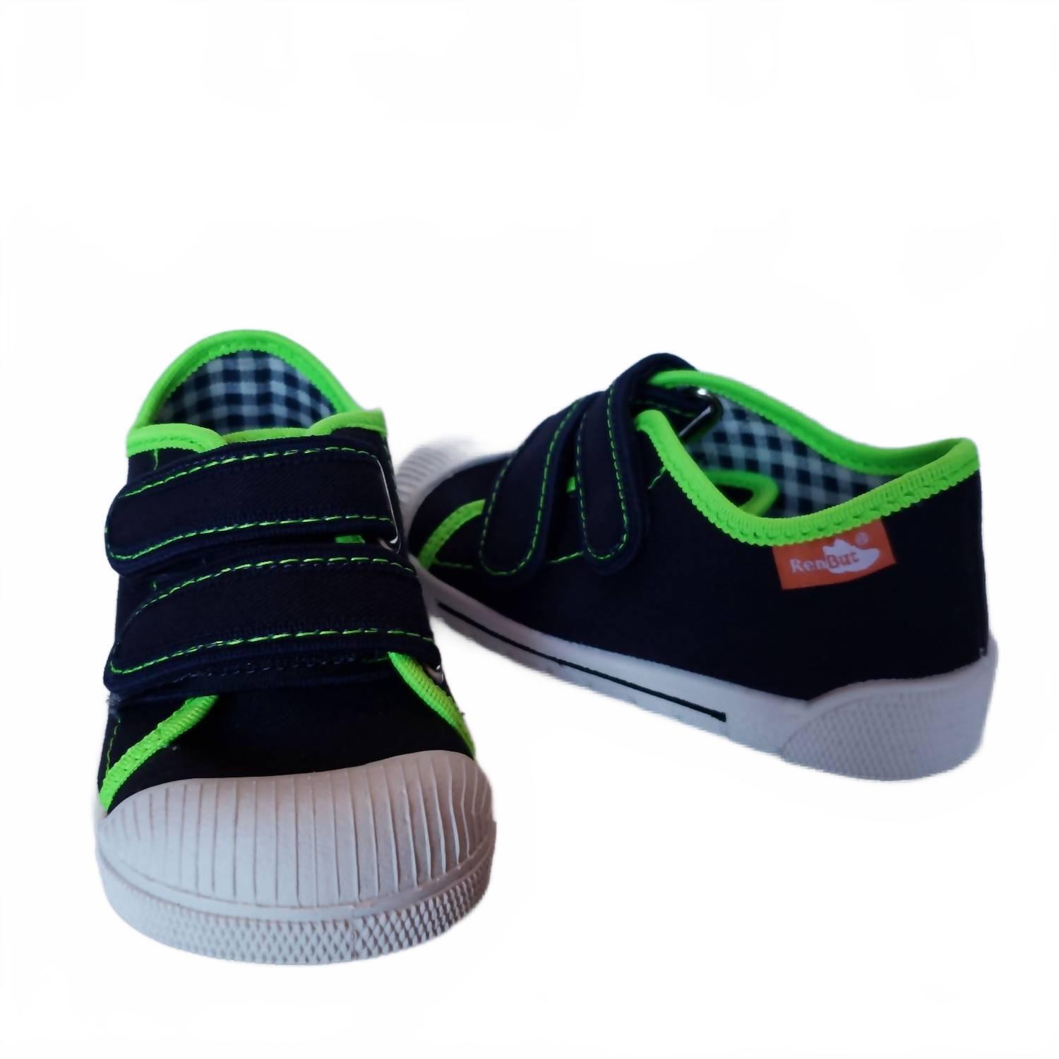 New Renbut Shoes Kid's Cap-Toe V-Strap Canvas Low-Cut Sneaker In Black/Green Mul